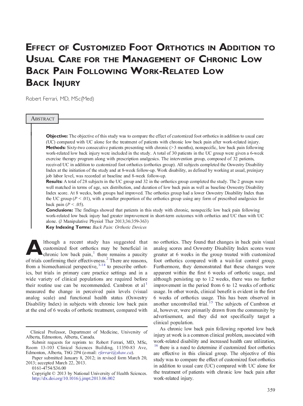 Effect of Customized Foot Orthotics in Addition to Usual Care for the Management of Chronic Low Back Pain Following Work-Related Low Back Injury