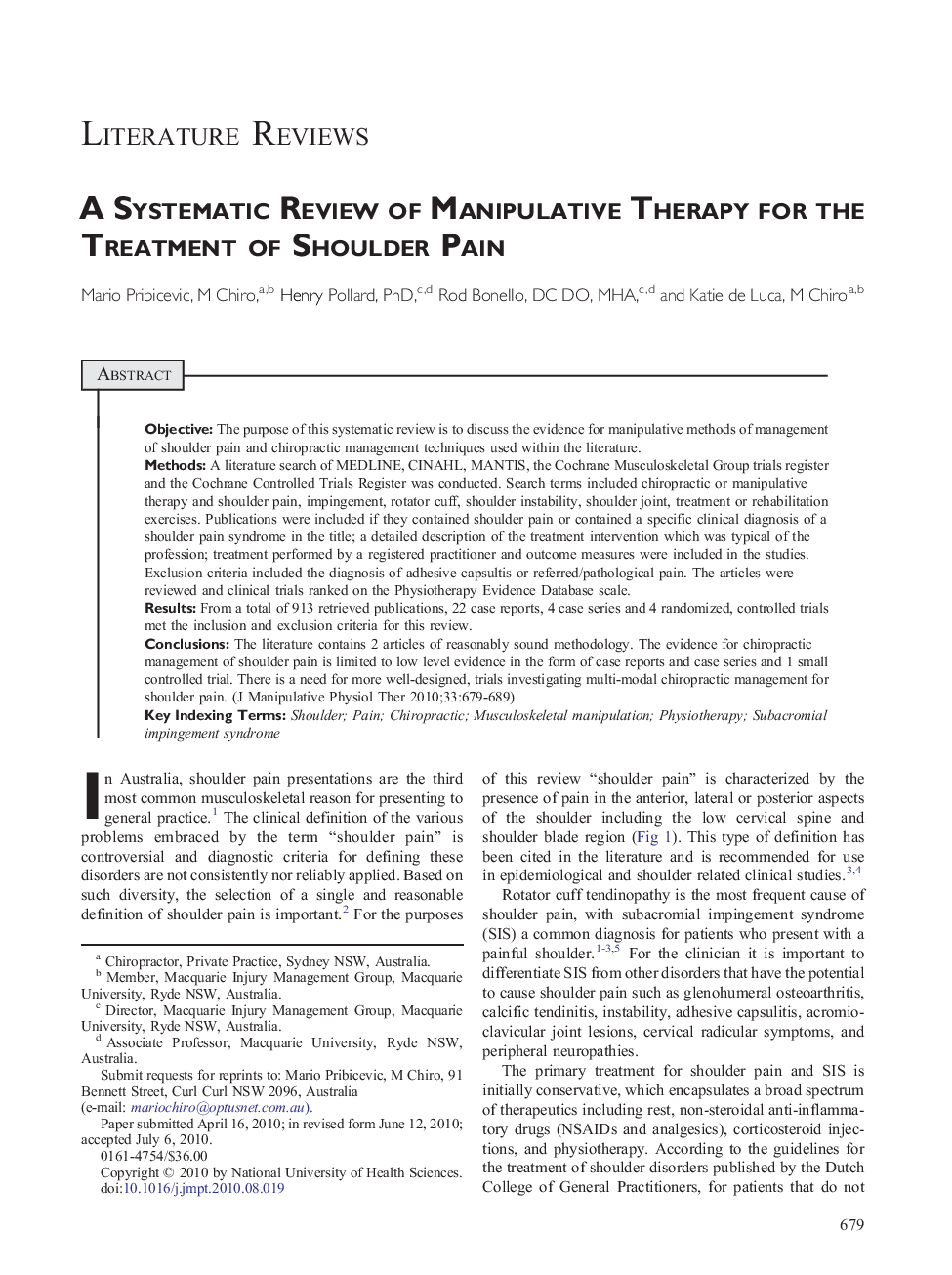 A Systematic Review of Manipulative Therapy for the Treatment of Shoulder Pain