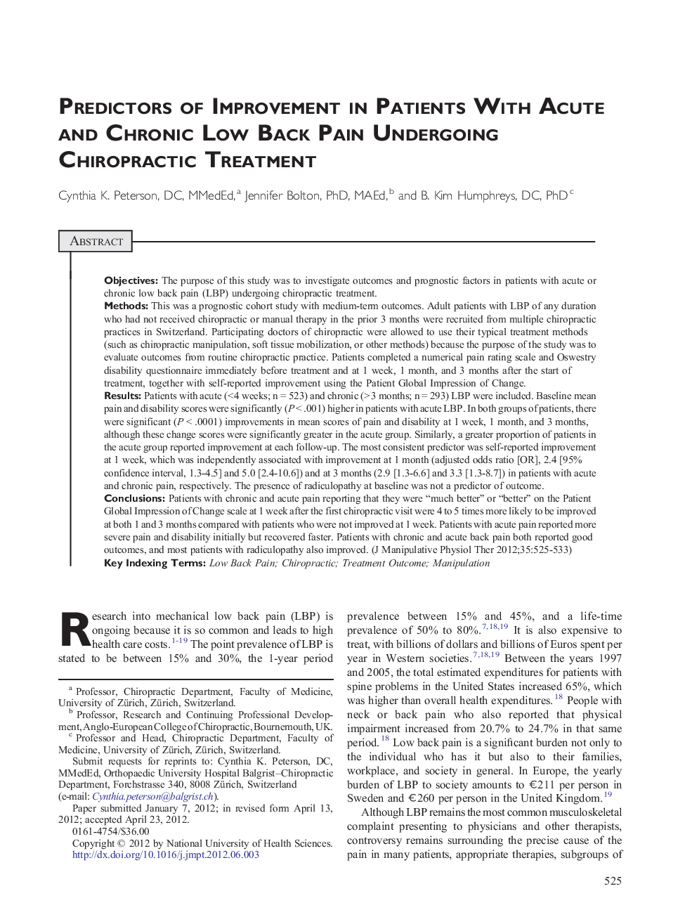 Predictors of Improvement in Patients With Acute and Chronic Low Back Pain Undergoing Chiropractic Treatment