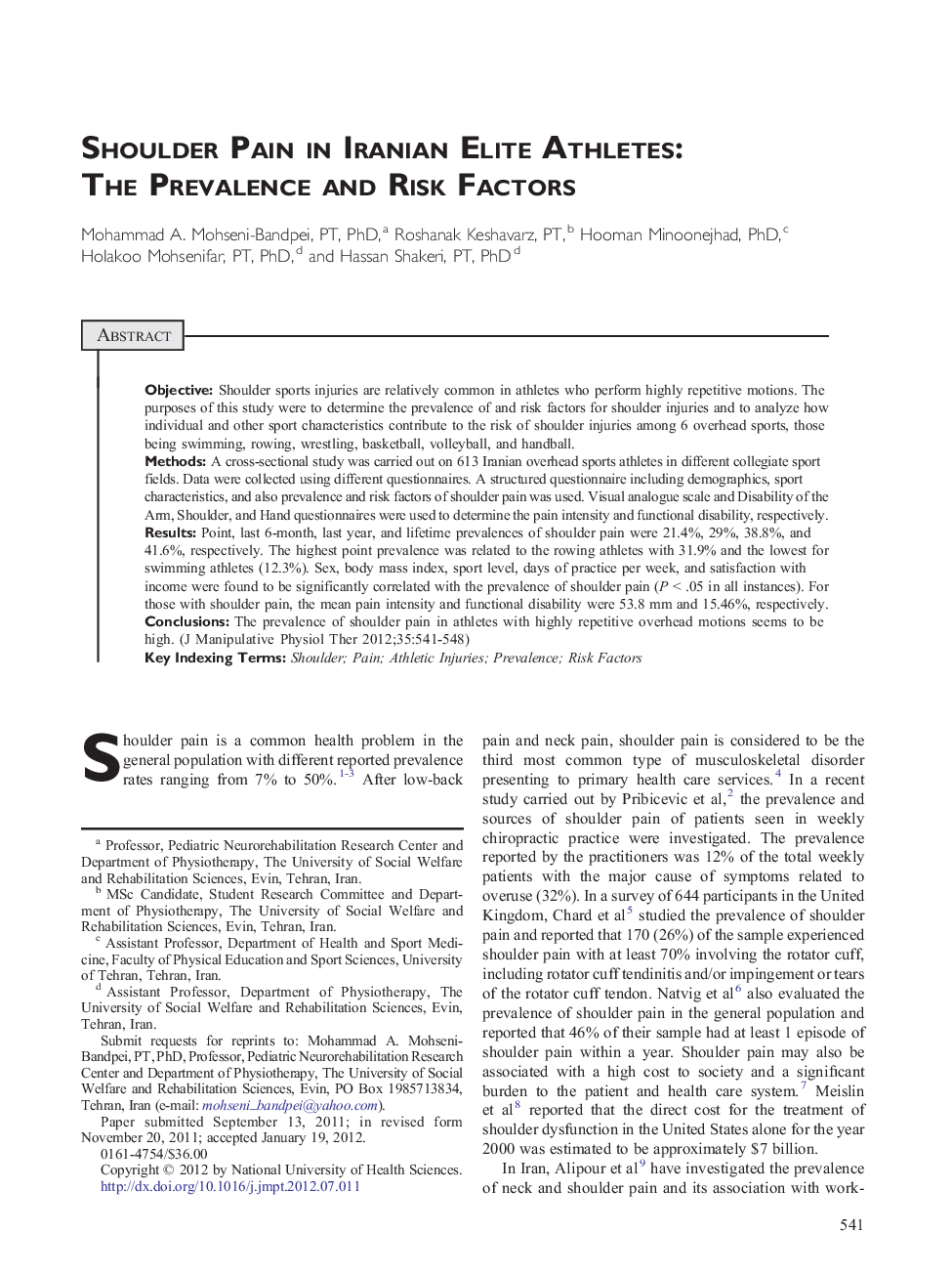 Shoulder Pain in Iranian Elite Athletes: The Prevalence and Risk Factors