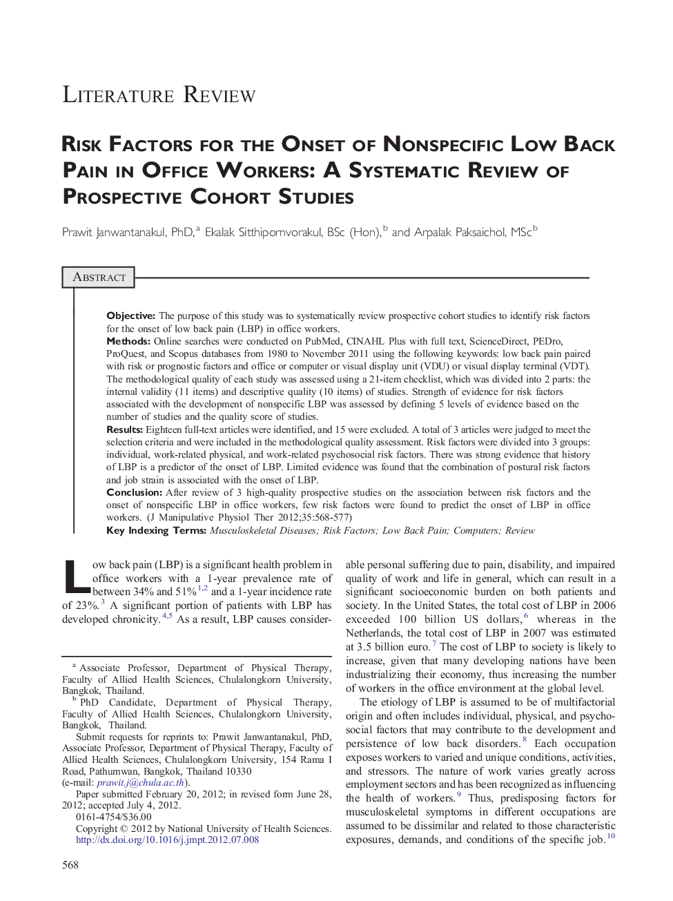 Risk Factors for the Onset of Nonspecific Low Back Pain in Office Workers: A Systematic Review of Prospective Cohort Studies