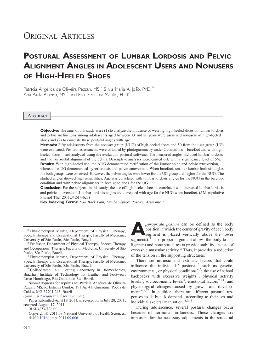 Postural Assessment of Lumbar Lordosis and Pelvic Alignment Angles in Adolescent Users and Nonusers of High-Heeled Shoes