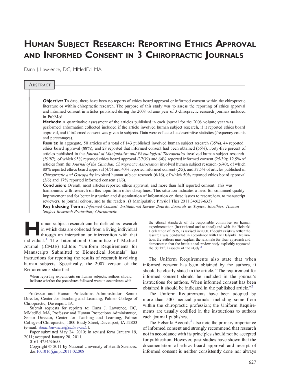 Human Subject Research: Reporting Ethics Approval and Informed Consent in 3 Chiropractic Journals