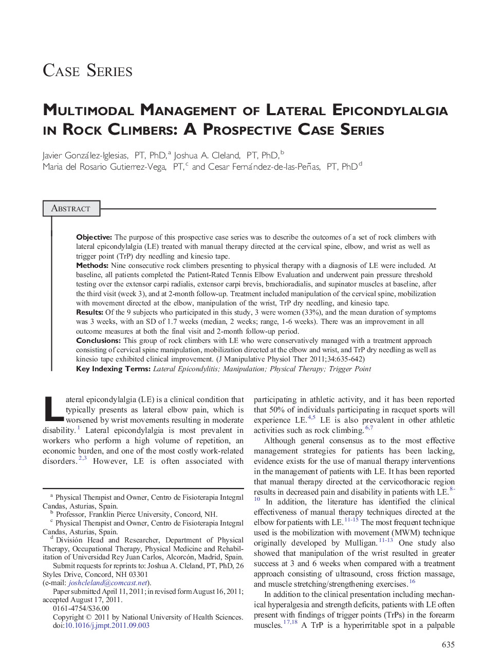 Multimodal Management of Lateral Epicondylalgia in Rock Climbers: A Prospective Case Series