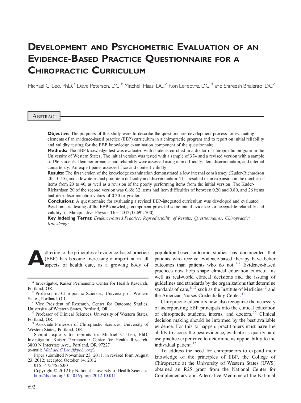 Development and Psychometric Evaluation of an Evidence-Based Practice Questionnaire for a Chiropractic Curriculum