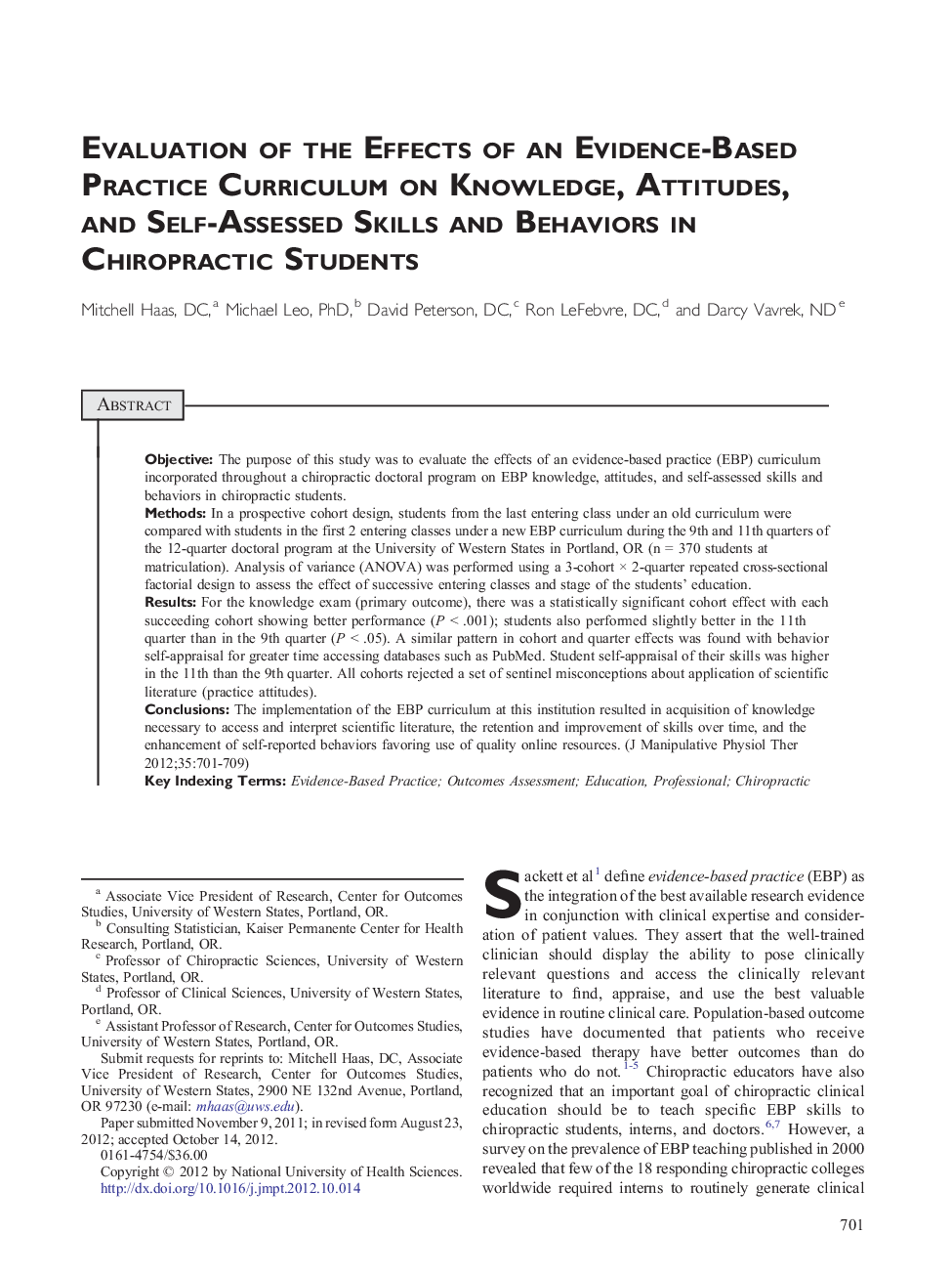 Evaluation of the Effects of an Evidence-Based Practice Curriculum on Knowledge, Attitudes, and Self-Assessed Skills and Behaviors in Chiropractic Students