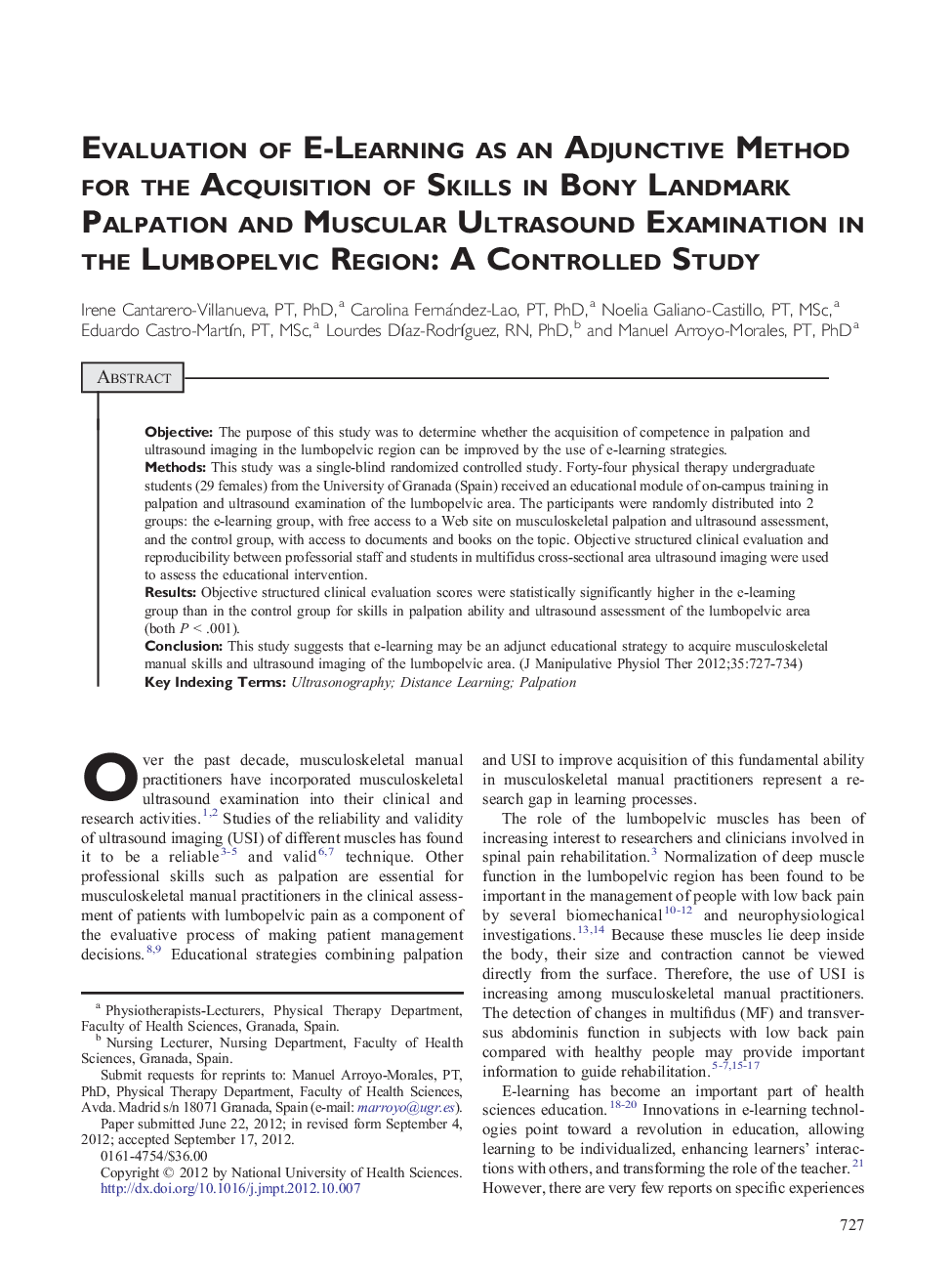 Evaluation of E-Learning as an Adjunctive Method for the Acquisition of Skills in Bony Landmark Palpation and Muscular Ultrasound Examination in the Lumbopelvic Region: A Controlled Study