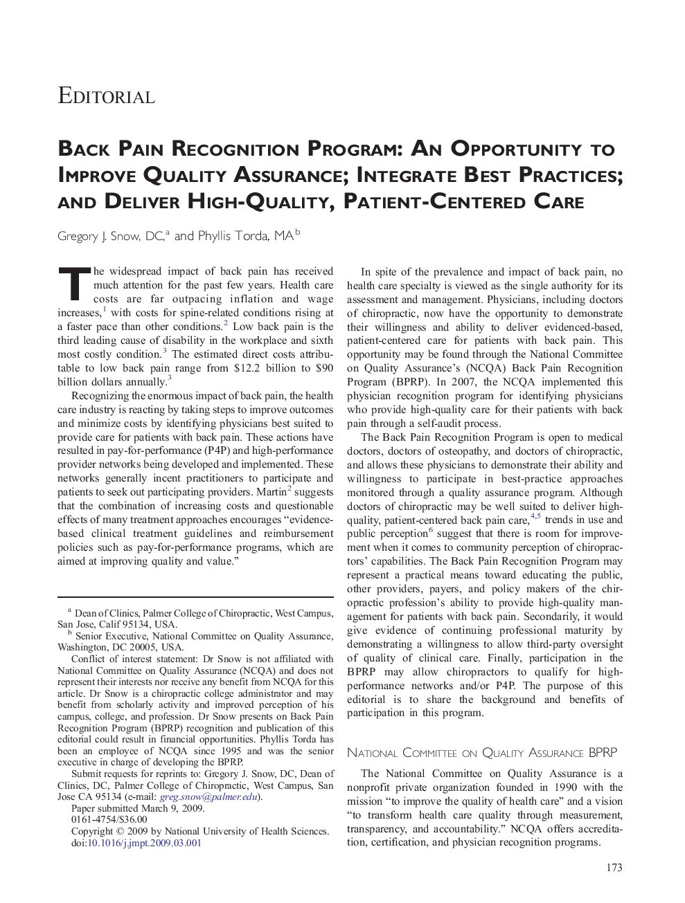 Back Pain Recognition Program: An Opportunity to Improve Quality Assurance; Integrate Best Practices; and Deliver High-Quality, Patient-Centered Care