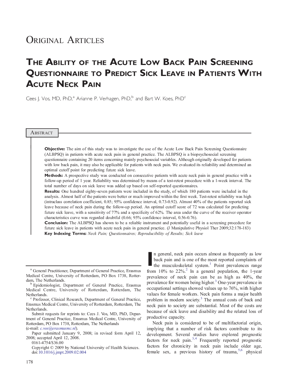 The Ability of the Acute Low Back Pain Screening Questionnaire to Predict Sick Leave in Patients With Acute Neck Pain