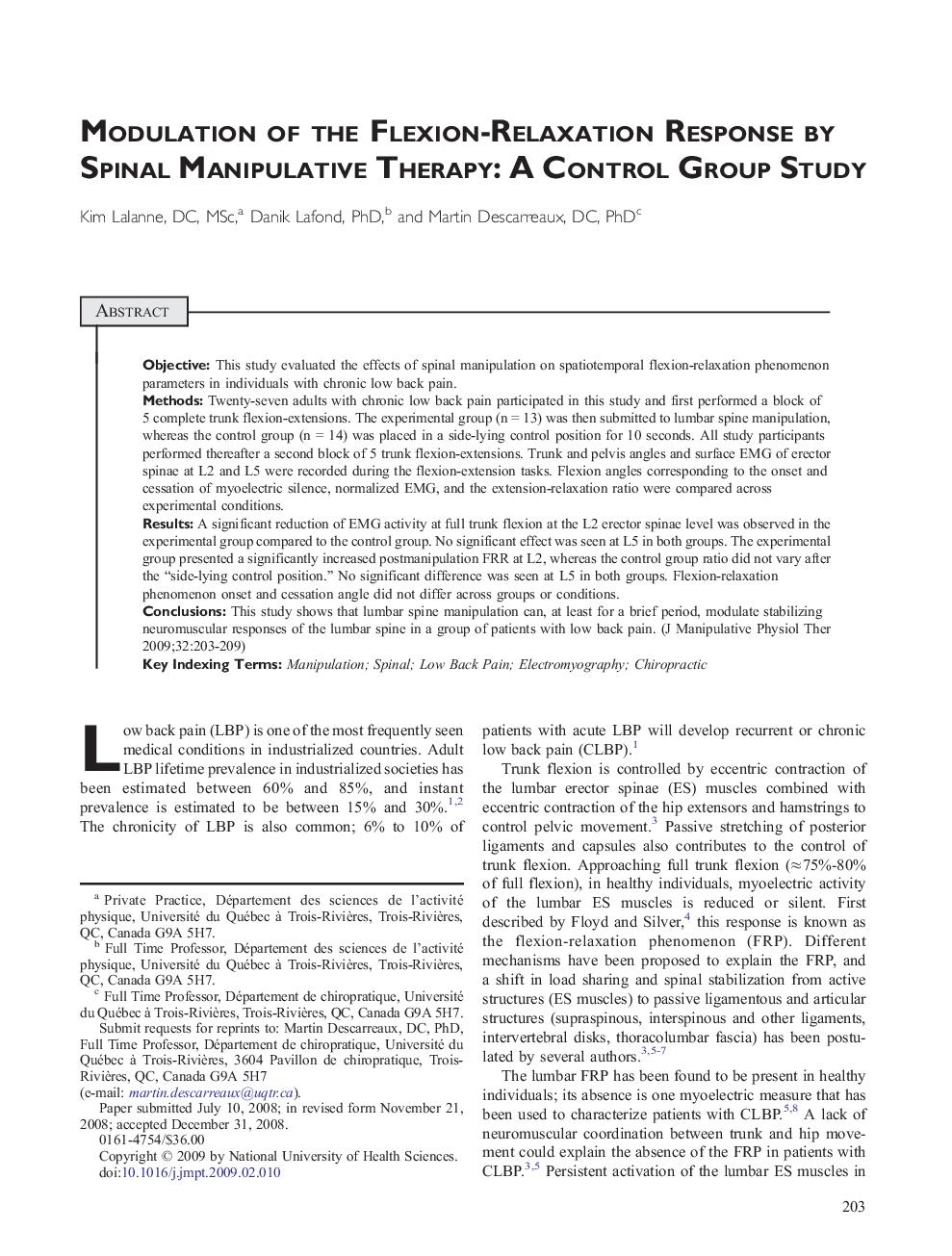 Modulation of the Flexion-Relaxation Response by Spinal Manipulative Therapy: A Control Group Study