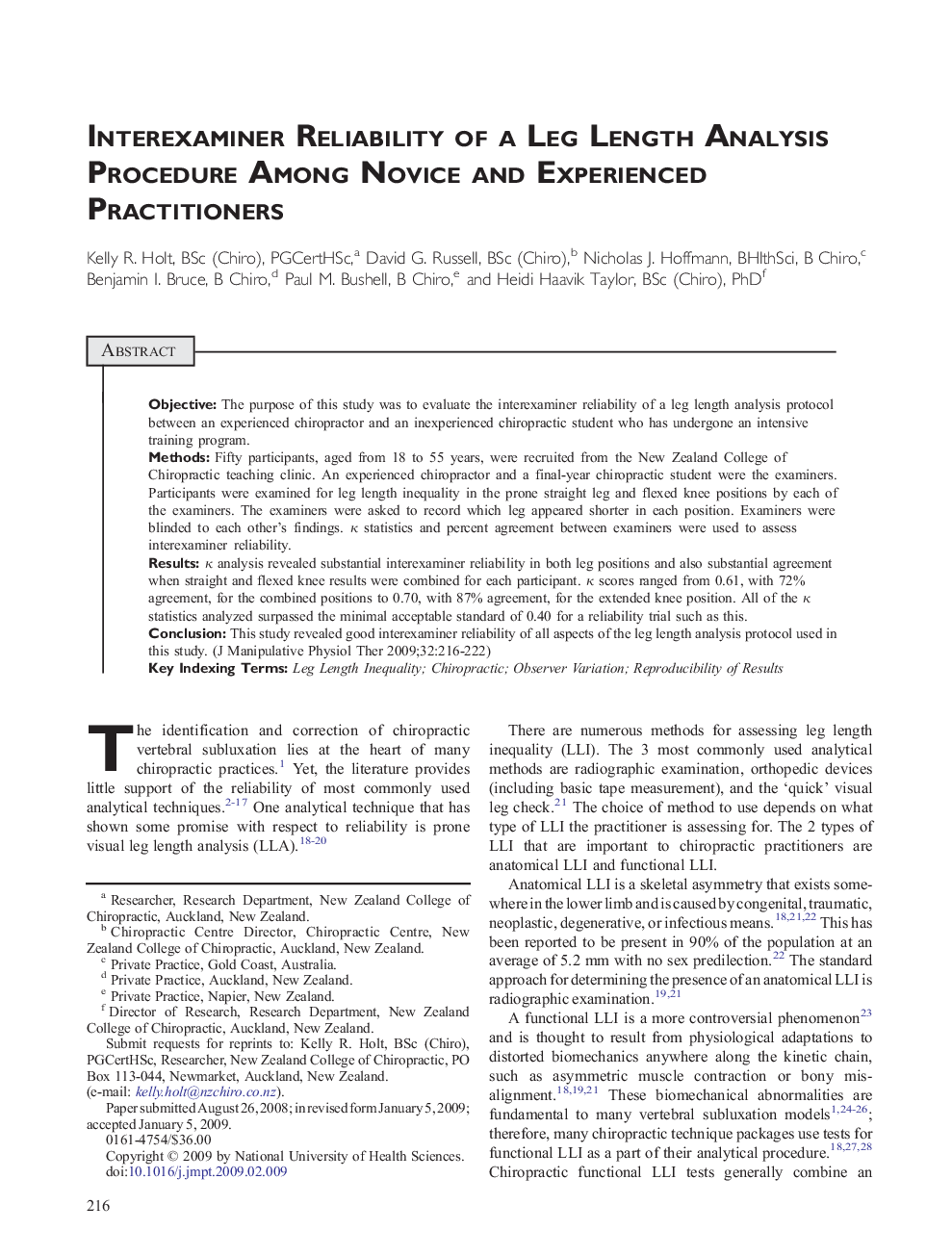 Interexaminer Reliability of a Leg Length Analysis Procedure Among Novice and Experienced Practitioners