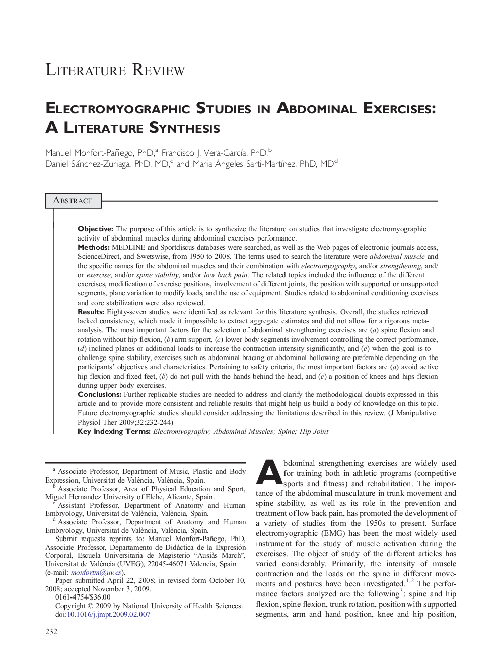 Electromyographic Studies in Abdominal Exercises: A Literature Synthesis