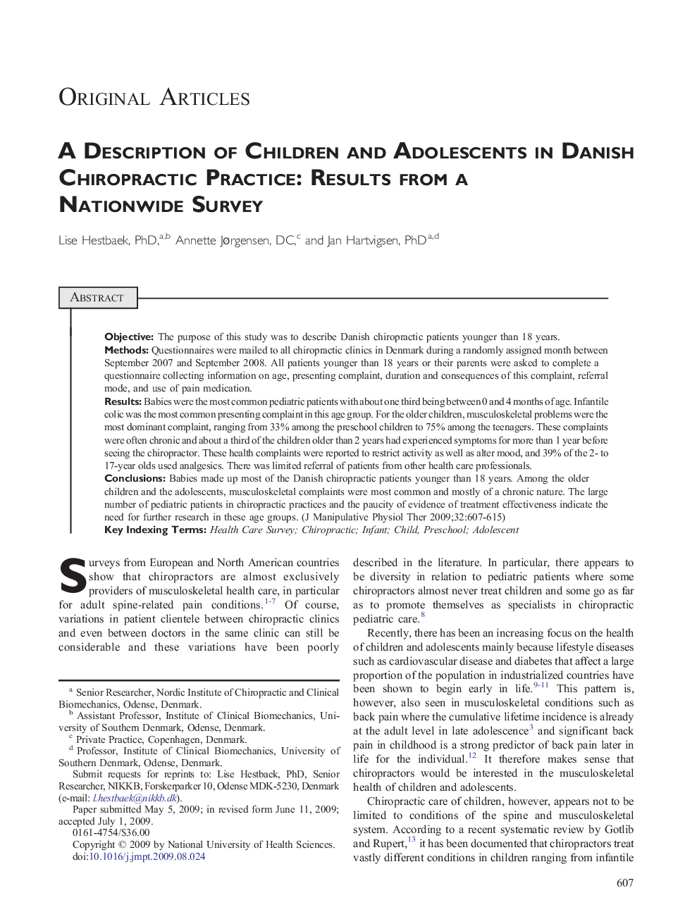 A Description of Children and Adolescents in Danish Chiropractic Practice: Results from a Nationwide Survey