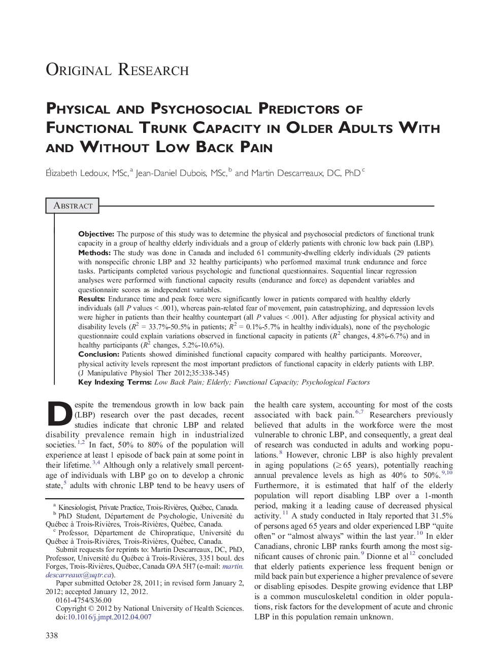 Physical and Psychosocial Predictors of Functional Trunk Capacity in Older Adults With and Without Low Back Pain