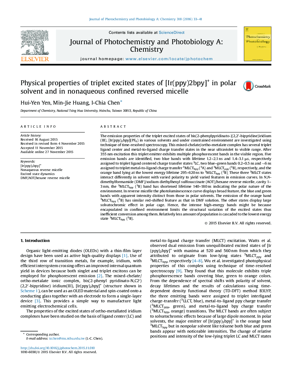 Physical properties of triplet excited states of [Ir(ppy)2bpy]+ in polar solvent and in nonaqueous confined reversed micelle