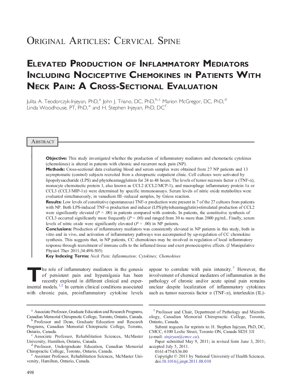 Elevated Production of Inflammatory Mediators Including Nociceptive Chemokines in Patients With Neck Pain: A Cross-Sectional Evaluation