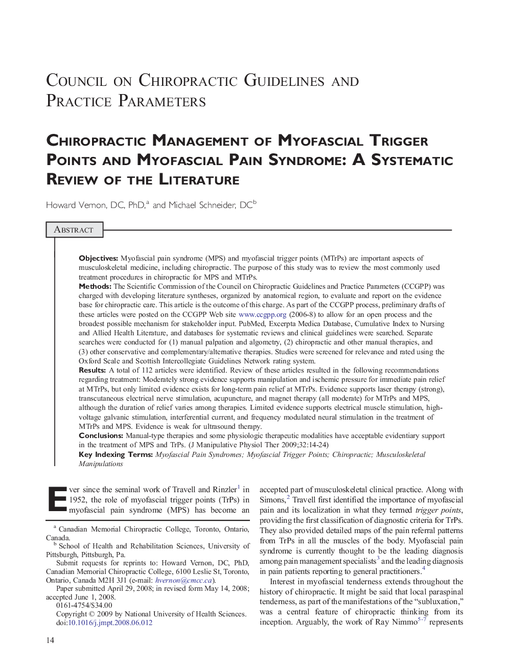 Chiropractic Management of Myofascial Trigger Points and Myofascial Pain Syndrome: A Systematic Review of the Literature