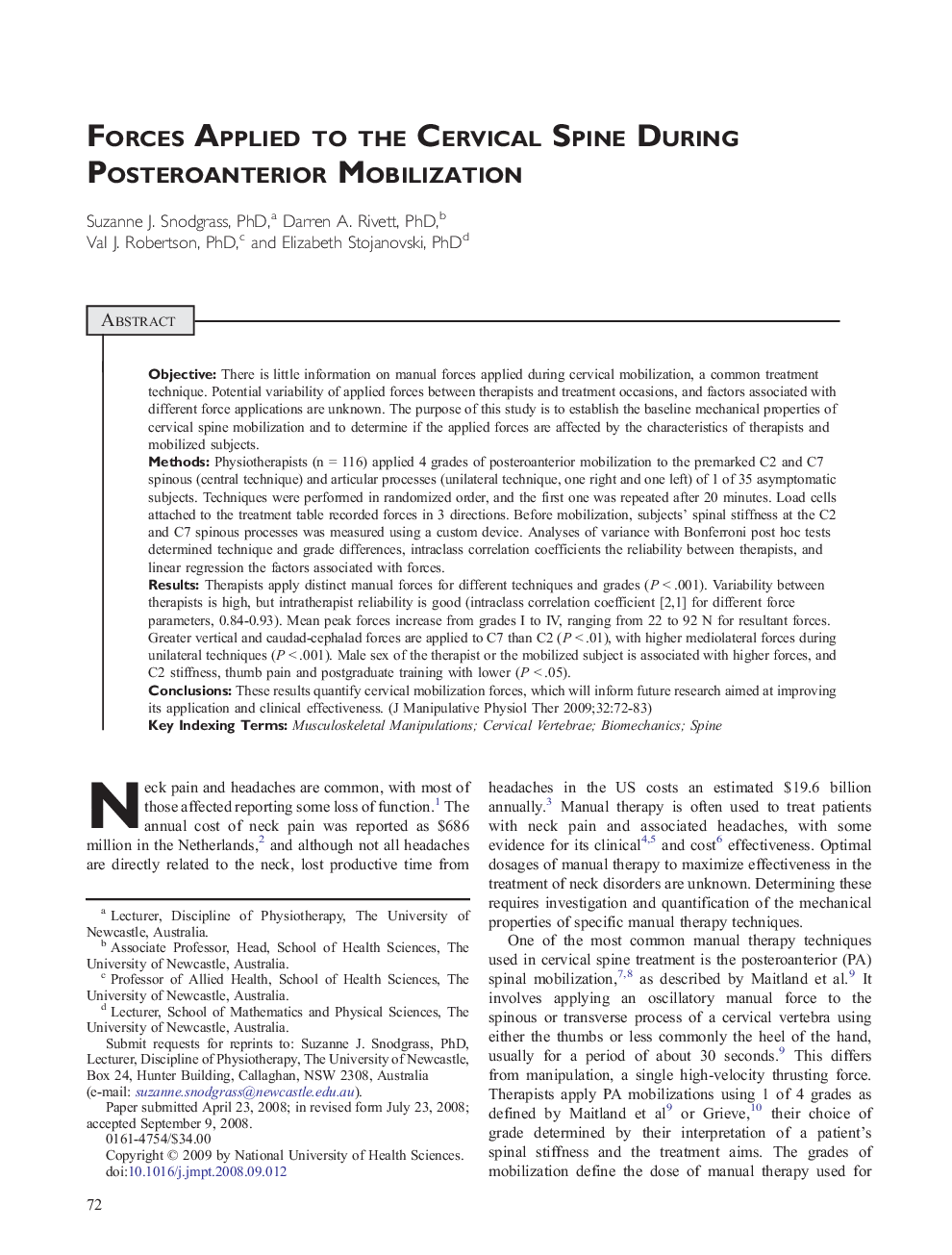 Forces Applied to the Cervical Spine During Posteroanterior Mobilization