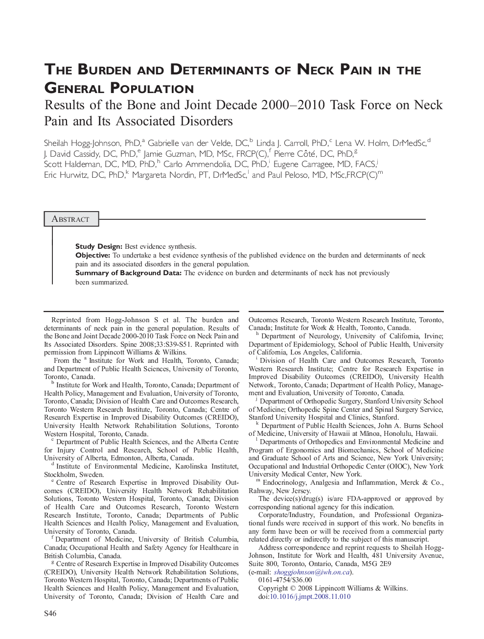 The Burden and Determinants of Neck Pain in the General Population : Results of the Bone and Joint Decade 2000–2010 Task Force on Neck Pain and Its Associated Disorders