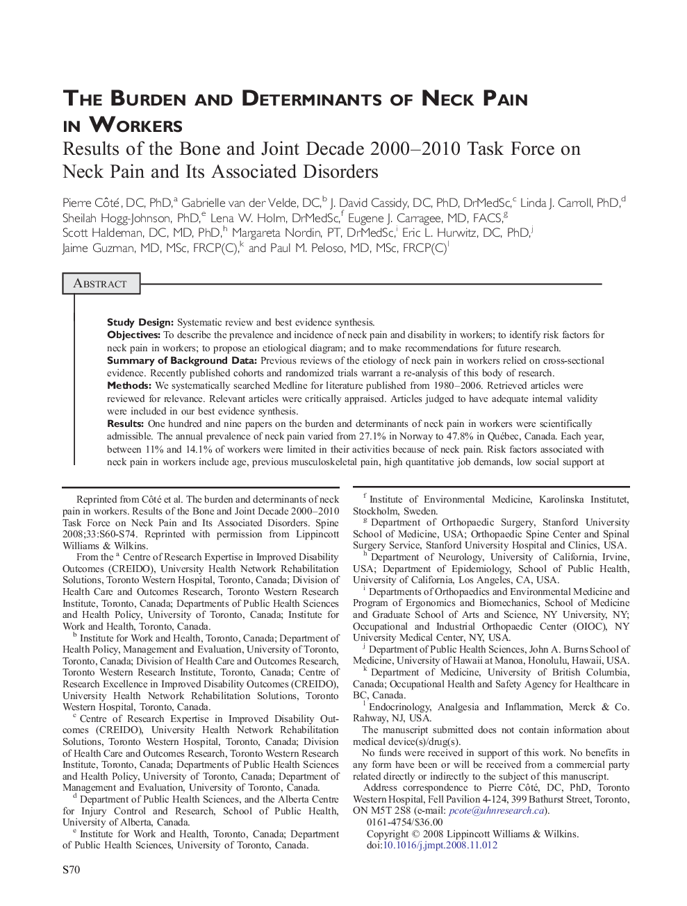 The Burden and Determinants of Neck Pain in Workers : Results of the Bone and Joint Decade 2000–2010 Task Force on Neck Pain and Its Associated Disorders