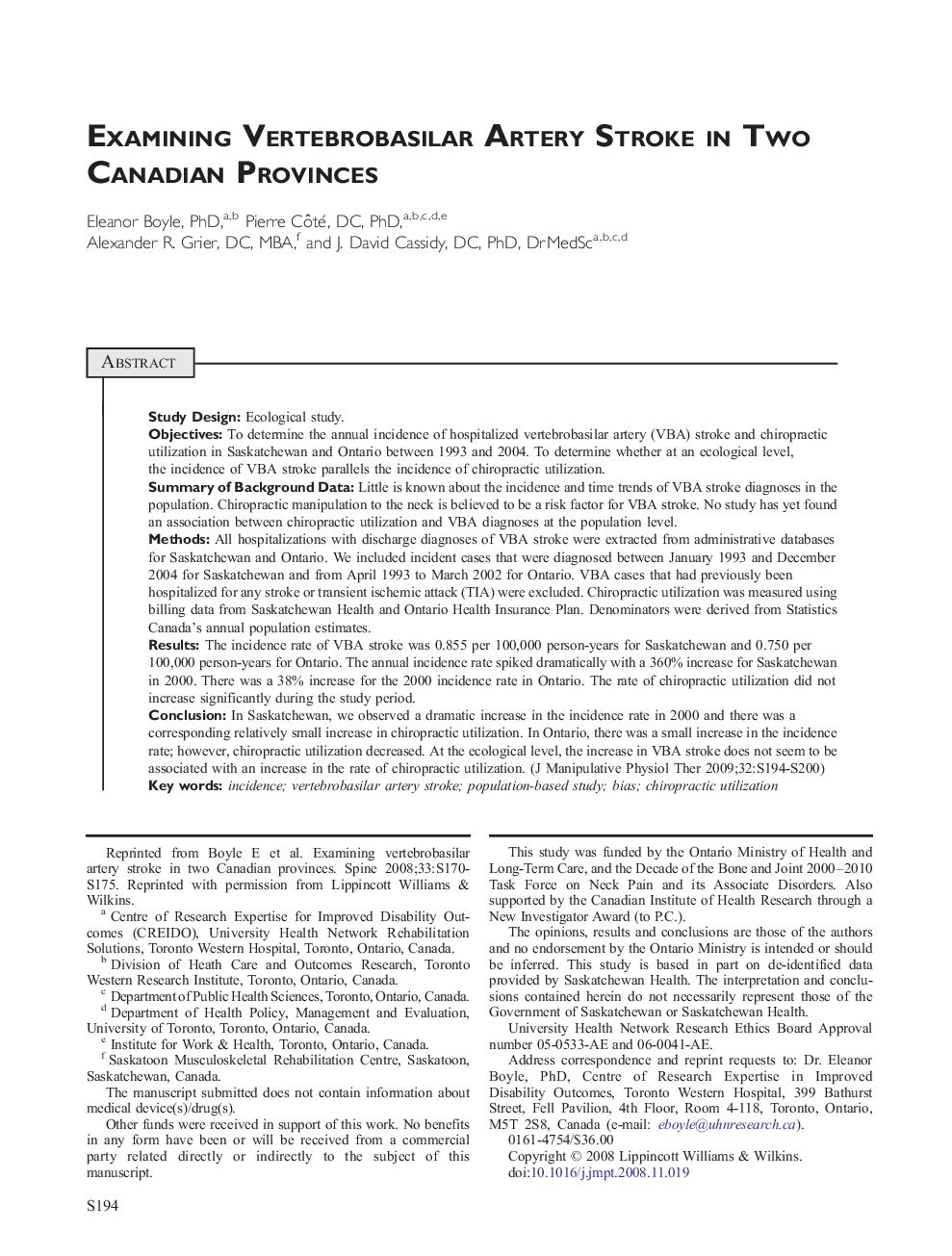 Examining Vertebrobasilar Artery Stroke in Two Canadian Provinces 