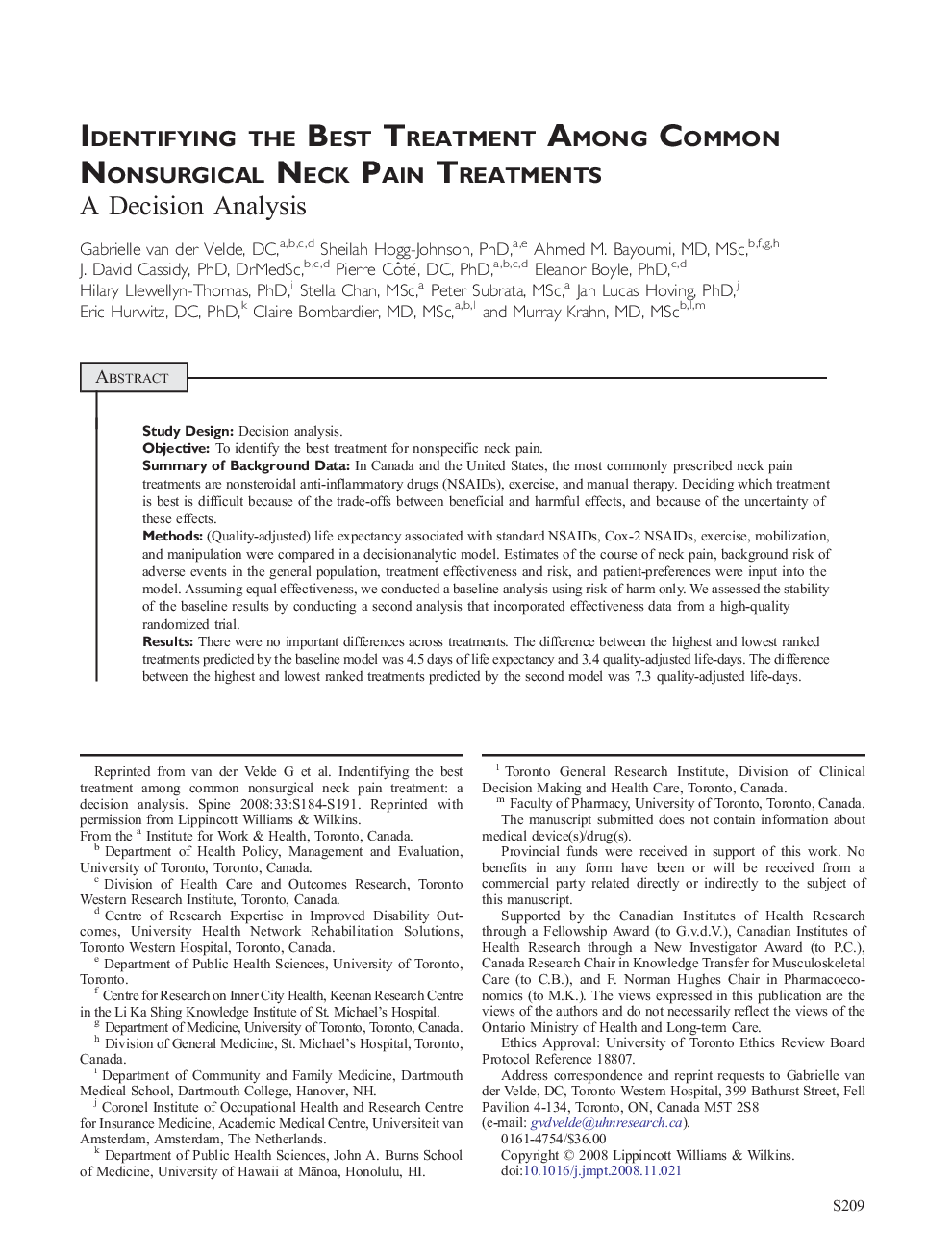 Identifying the Best Treatment Among Common Nonsurgical Neck Pain Treatments : A Decision Analysis