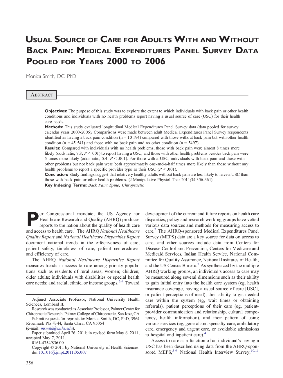 Usual Source of Care for Adults With and Without Back Pain: Medical Expenditures Panel Survey Data Pooled for Years 2000 to 2006