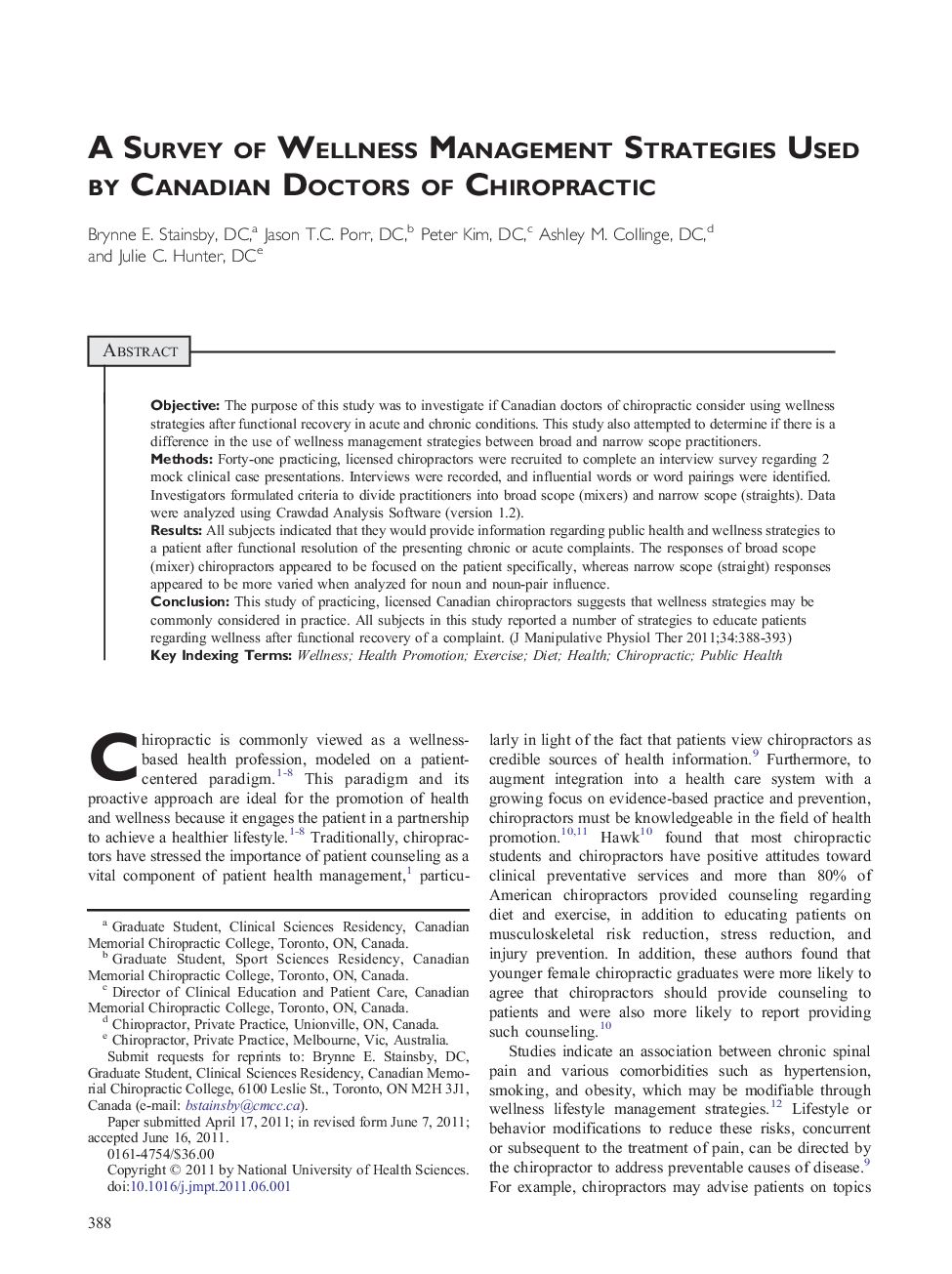 A Survey of Wellness Management Strategies Used by Canadian Doctors of Chiropractic