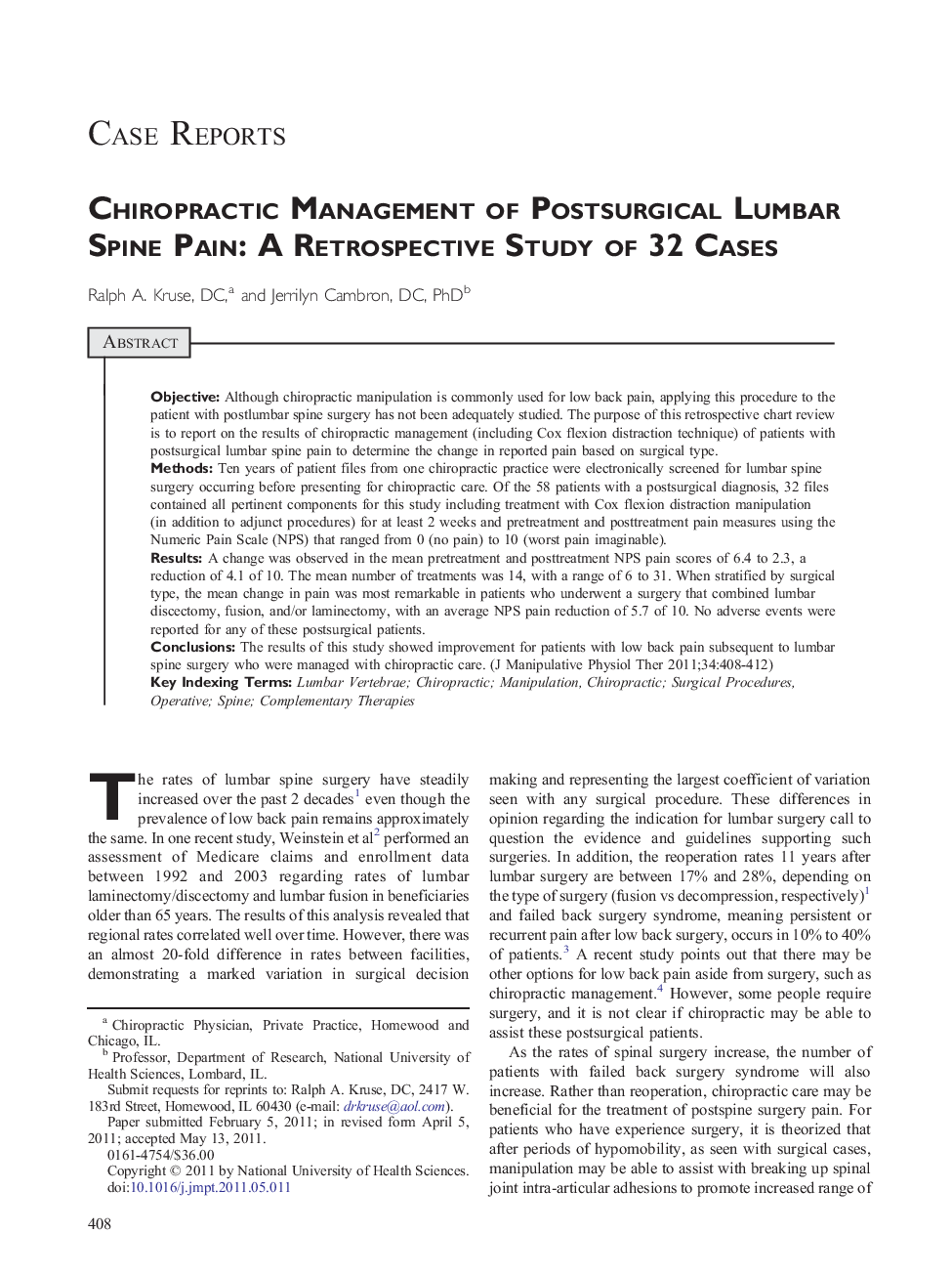 Chiropractic Management of Postsurgical Lumbar Spine Pain: A Retrospective Study of 32 Cases