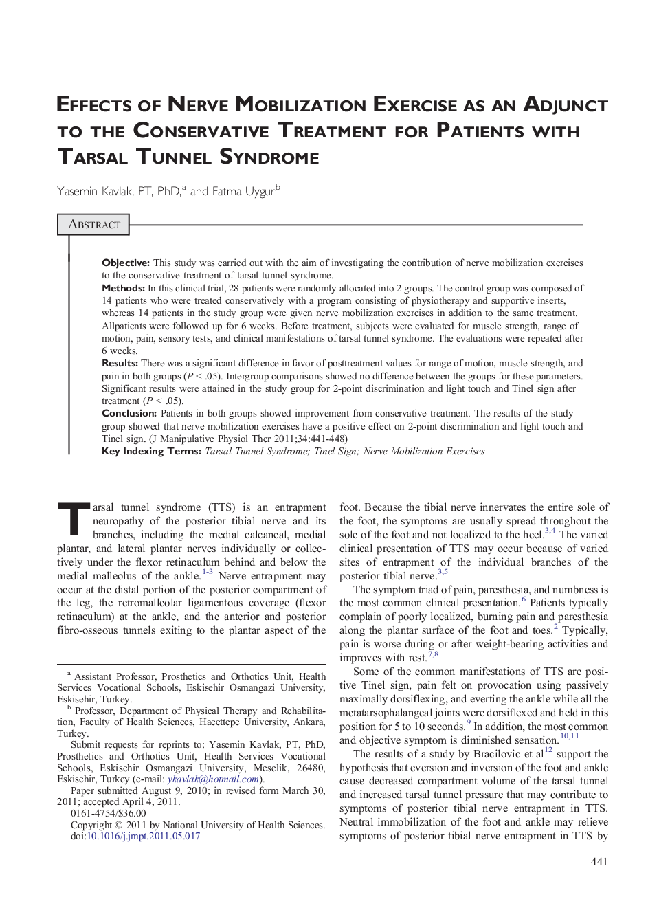 Effects of Nerve Mobilization Exercise as an Adjunct to the Conservative Treatment for Patients with Tarsal Tunnel Syndrome