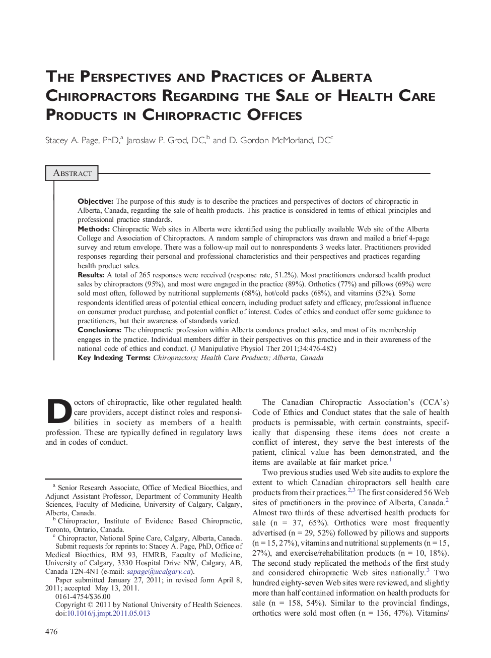 The Perspectives and Practices of Alberta Chiropractors Regarding the Sale of Health Care Products in Chiropractic Offices