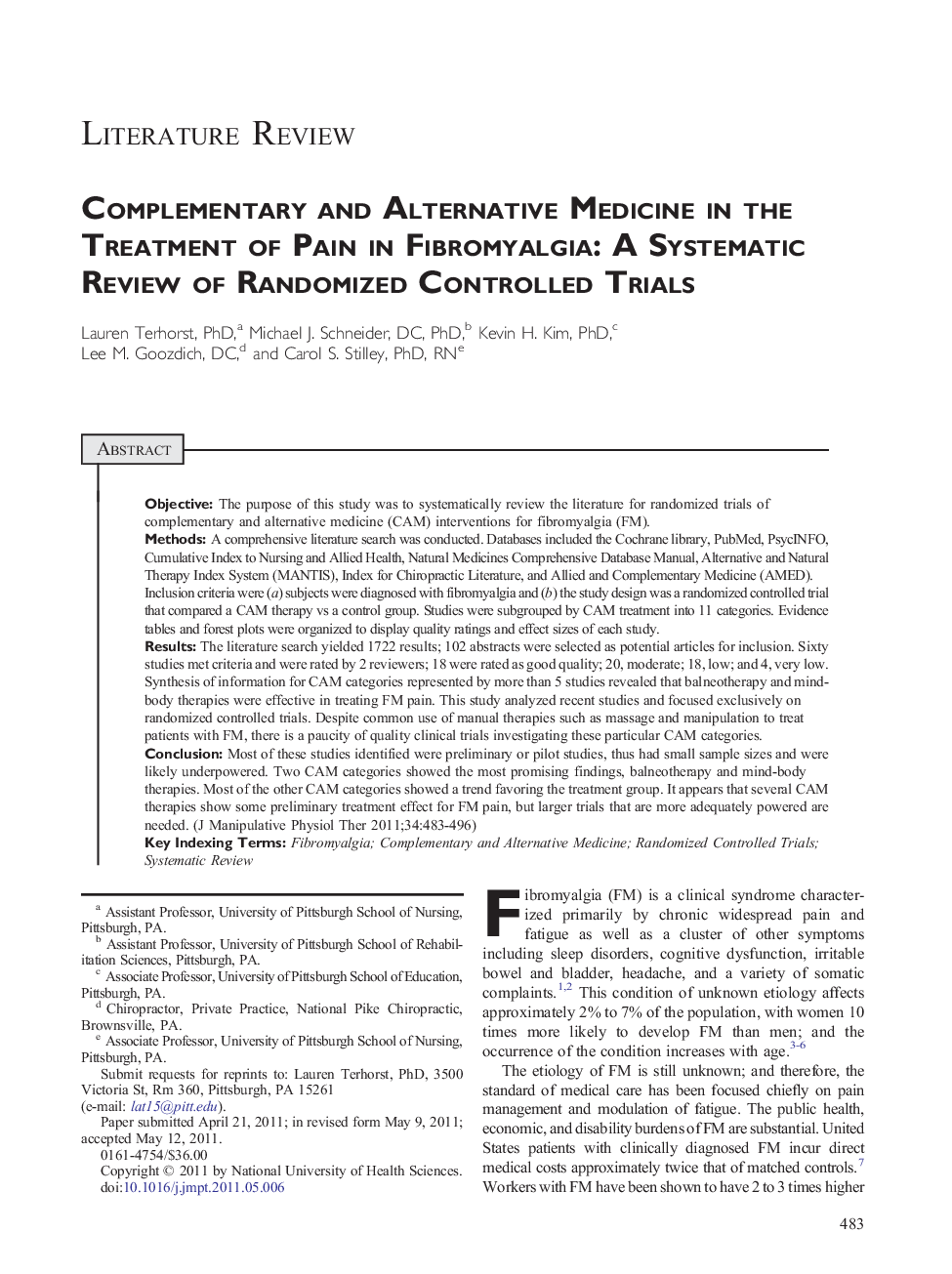 Complementary and Alternative Medicine in the Treatment of Pain in Fibromyalgia: A Systematic Review of Randomized Controlled Trials