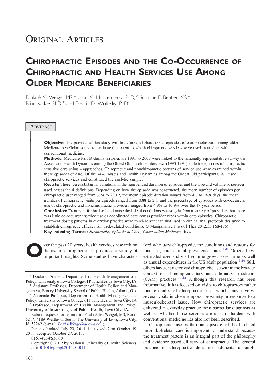 Chiropractic Episodes and the Co-Occurrence of Chiropractic and Health Services Use Among Older Medicare Beneficiaries