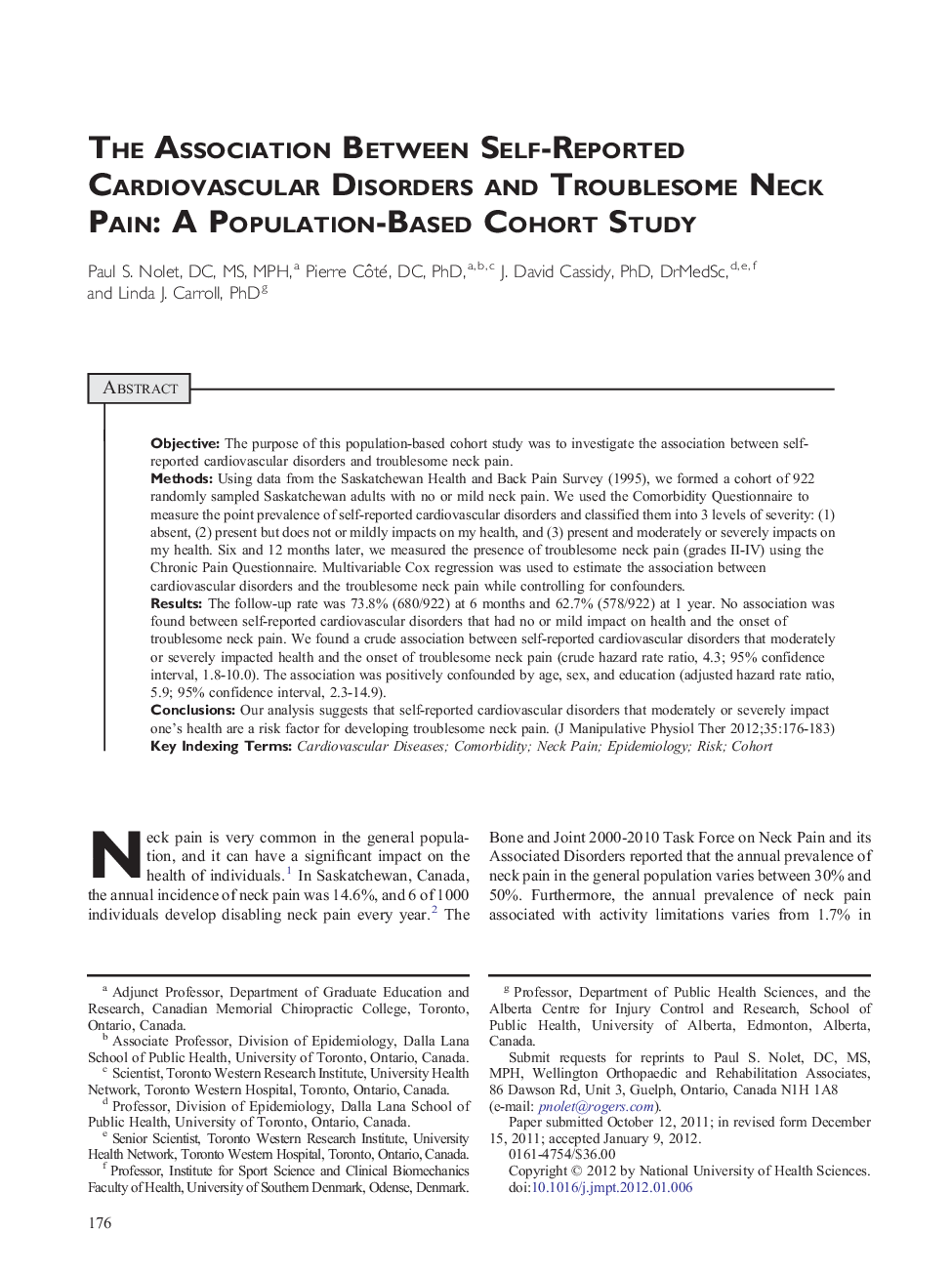 The Association Between Self-Reported Cardiovascular Disorders and Troublesome Neck Pain: A Population-Based Cohort Study