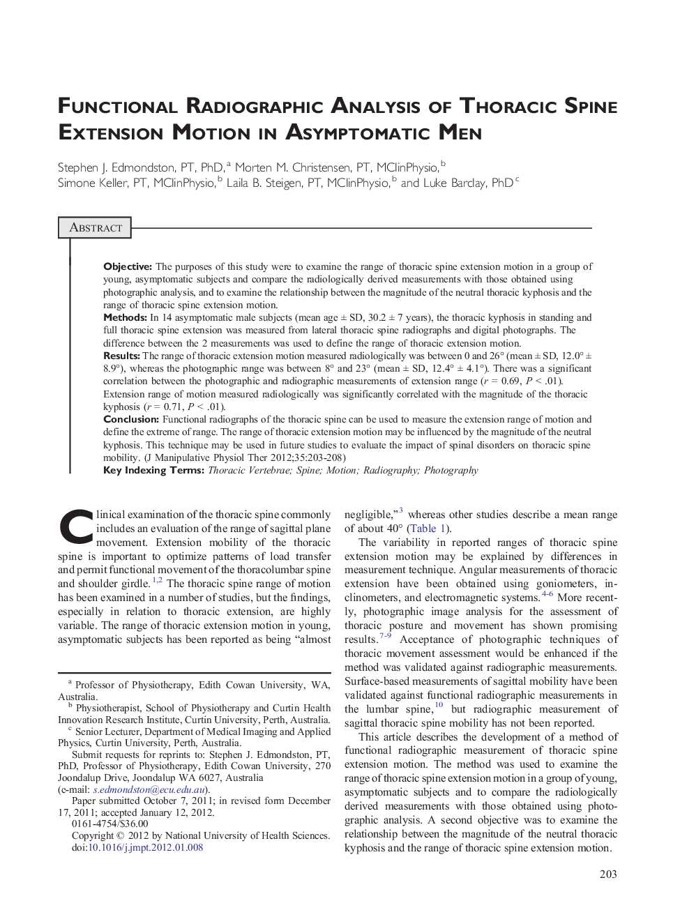 Functional Radiographic Analysis of Thoracic Spine Extension Motion in Asymptomatic Men