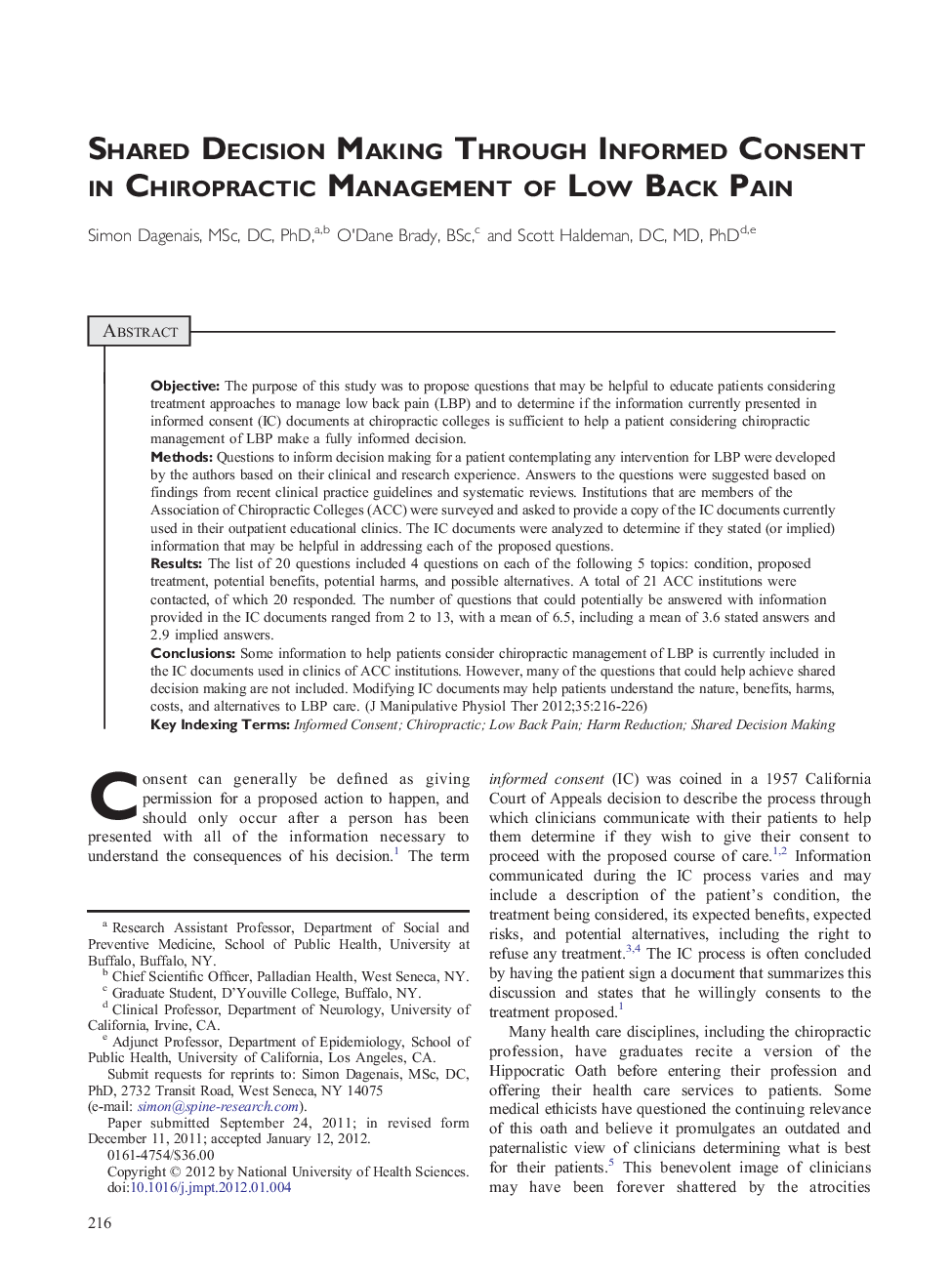 Shared Decision Making Through Informed Consent in Chiropractic Management of Low Back Pain