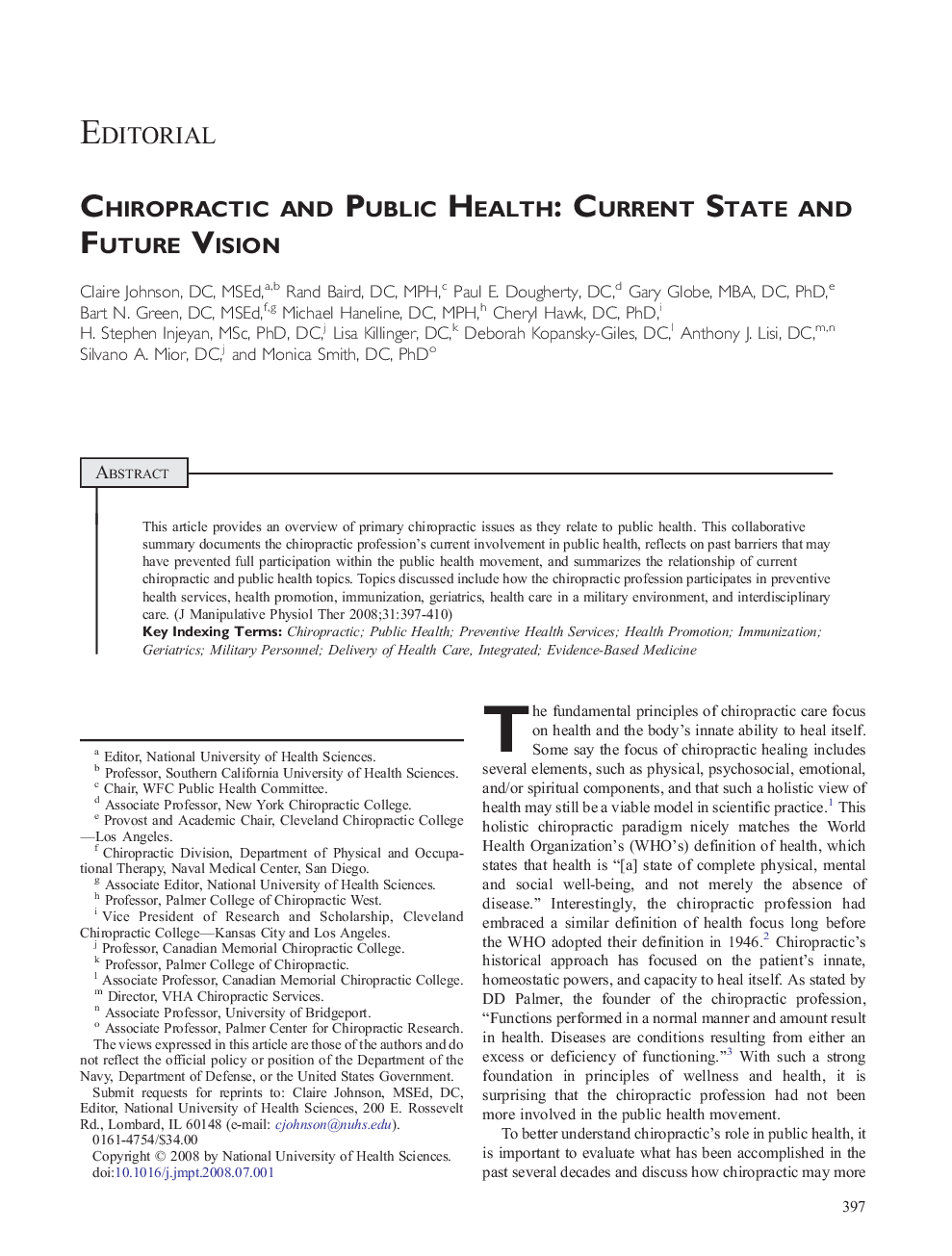 Chiropractic and Public Health: Current State and Future Vision 