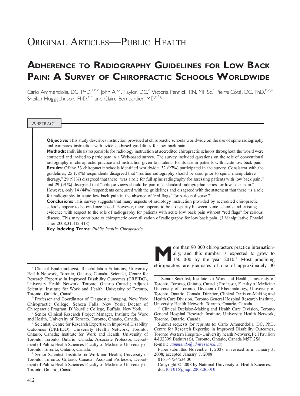 Adherence to Radiography Guidelines for Low Back Pain: A Survey of Chiropractic Schools Worldwide