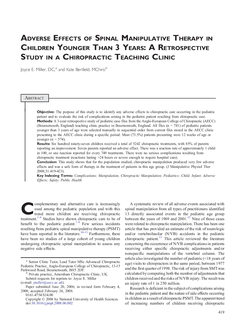 Adverse Effects of Spinal Manipulative Therapy in Children Younger Than 3 Years: A Retrospective Study in a Chiropractic Teaching Clinic