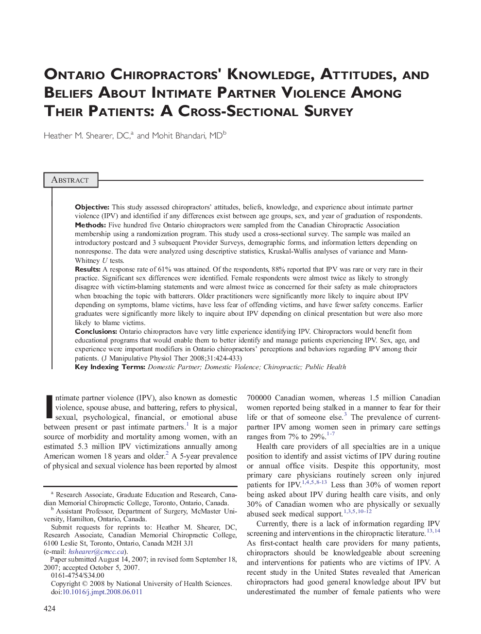 Ontario Chiropractors' Knowledge, Attitudes, and Beliefs About Intimate Partner Violence Among Their Patients: A Cross-Sectional Survey