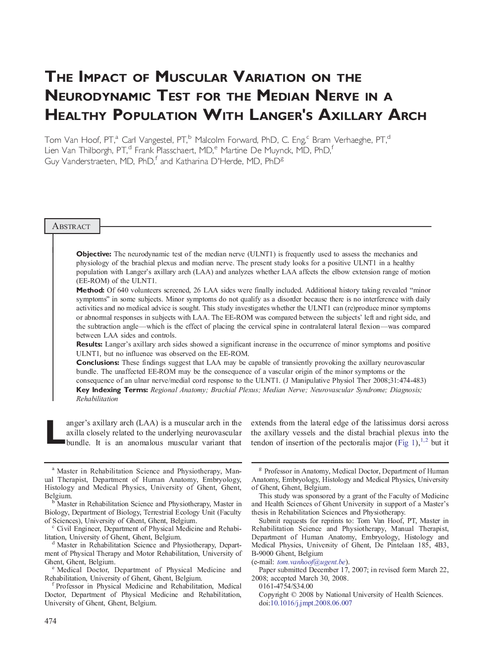 The Impact of Muscular Variation on the Neurodynamic Test for the Median Nerve in a Healthy Population With Langer's Axillary Arch 