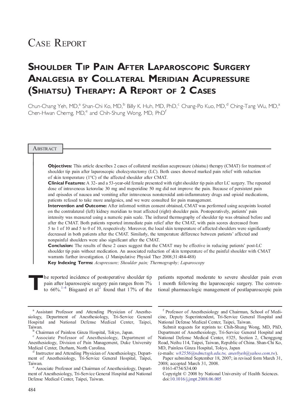 Shoulder Tip Pain After Laparoscopic Surgery Analgesia by Collateral Meridian Acupressure (Shiatsu) Therapy: A Report of 2 Cases