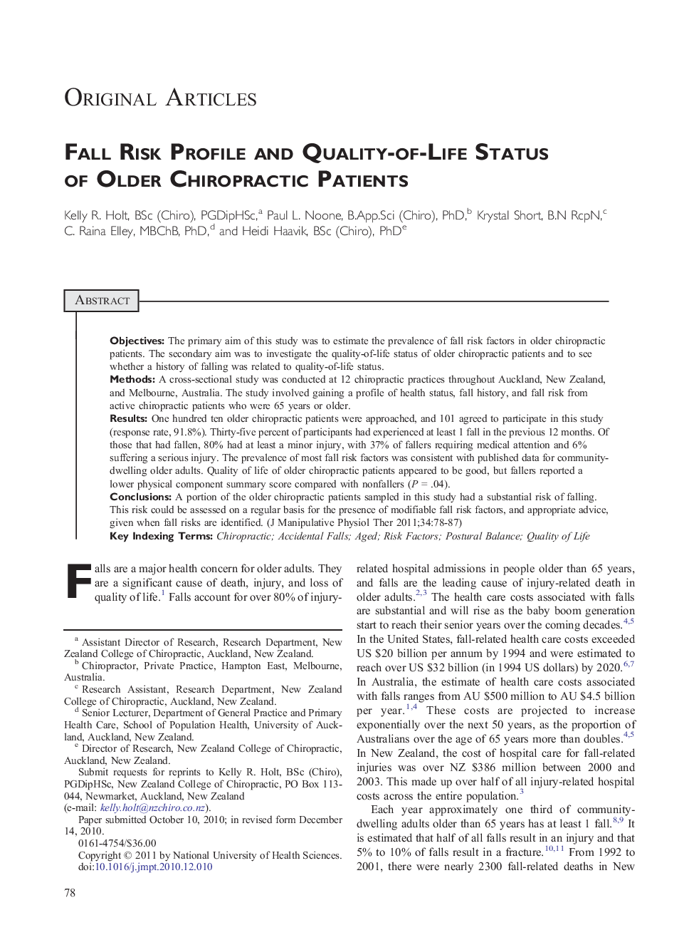 Fall Risk Profile and Quality-of-Life Status of Older Chiropractic Patients