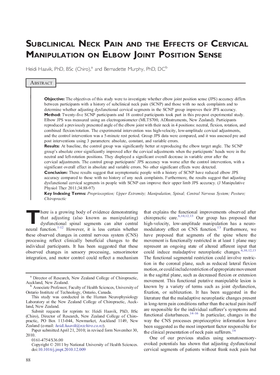 Subclinical Neck Pain and the Effects of Cervical Manipulation on Elbow Joint Position Sense 