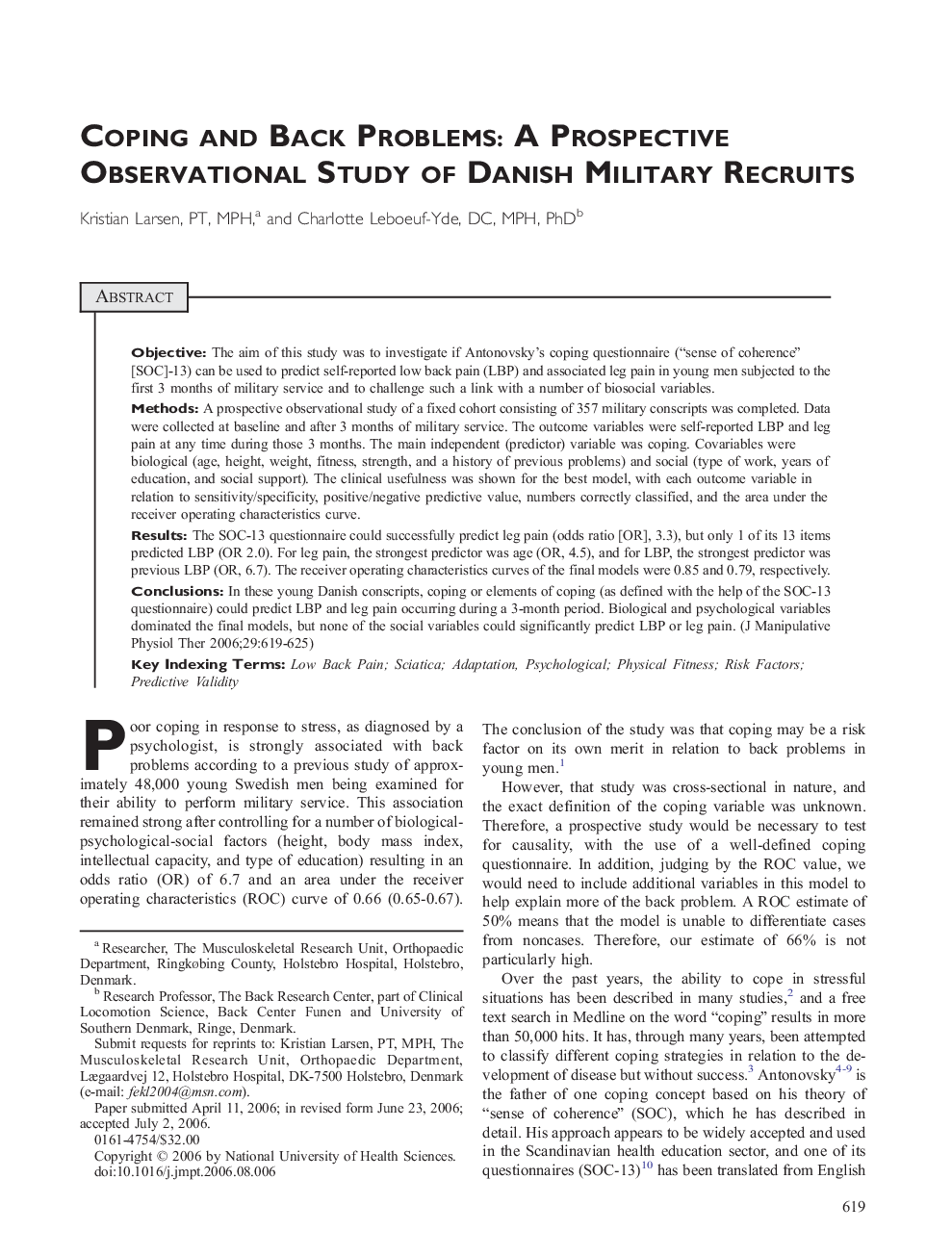 Coping and Back Problems: A Prospective Observational Study of Danish Military Recruits