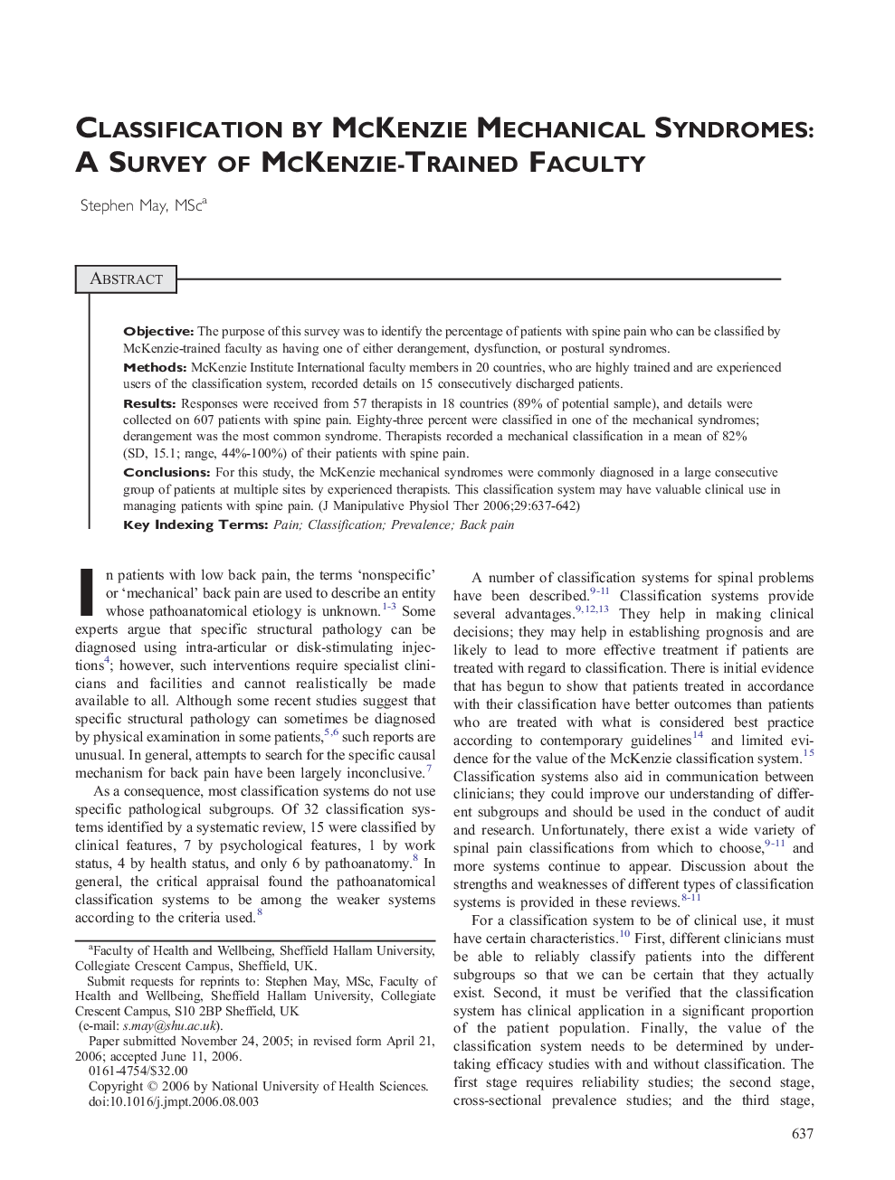 Classification by McKenzie Mechanical Syndromes: A Survey of McKenzie-Trained Faculty