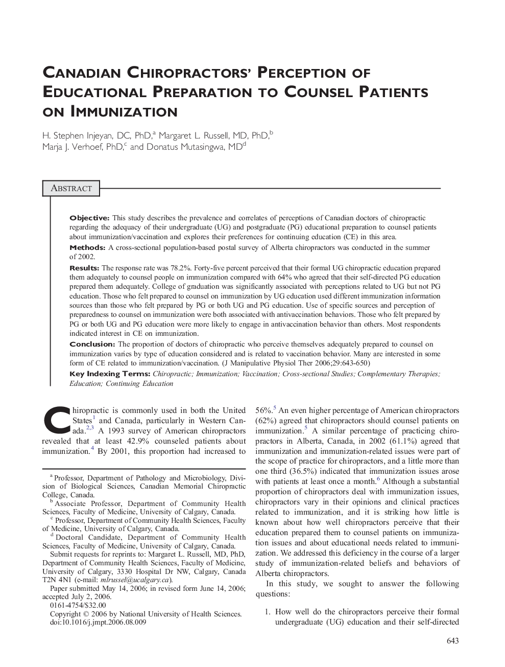 Canadian Chiropractors' Perception of Educational Preparation to Counsel Patients on Immunization