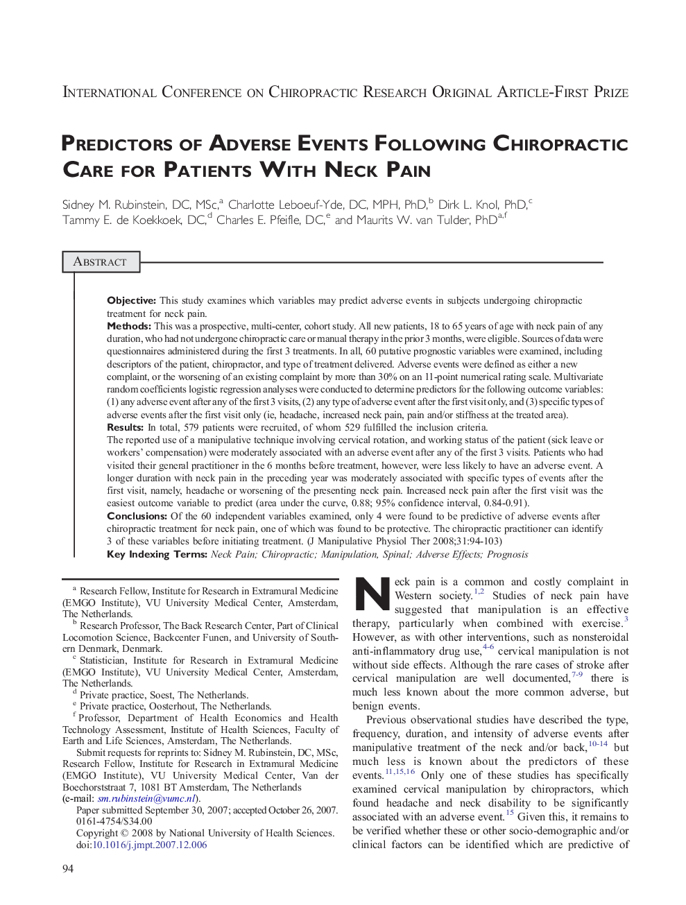 Predictors of Adverse Events Following Chiropractic Care for Patients With Neck Pain