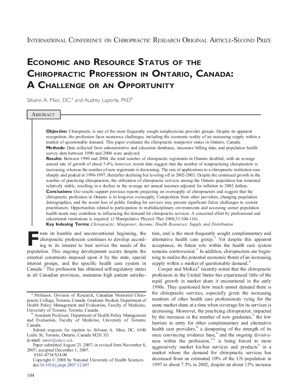 Economic and Resource Status of the Chiropractic Profession in Ontario, Canada: A Challenge or an Opportunity