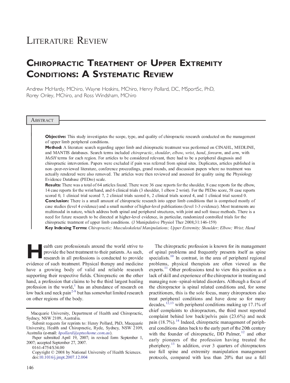 Chiropractic Treatment of Upper Extremity Conditions: A Systematic Review